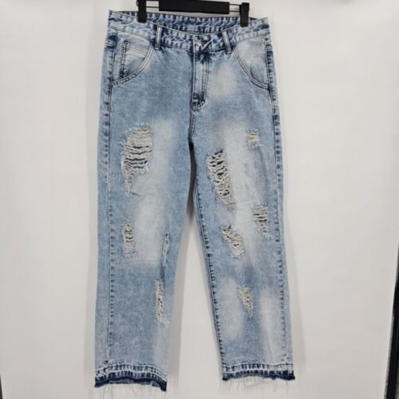 Shein Womens Size Medium Jeans Acid Wash Distressed Frayed Hem Zip Frayed Hem - Picture 2 of 10